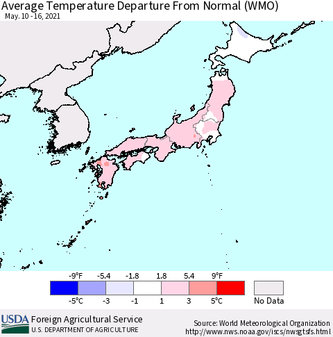Japan Average Temperature Departure from Normal (WMO) Thematic Map For 5/10/2021 - 5/16/2021