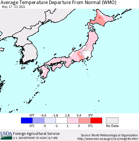Japan Average Temperature Departure from Normal (WMO) Thematic Map For 5/17/2021 - 5/23/2021