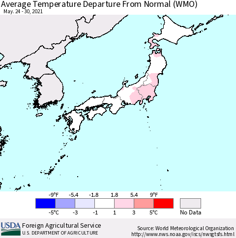 Japan Average Temperature Departure from Normal (WMO) Thematic Map For 5/24/2021 - 5/30/2021