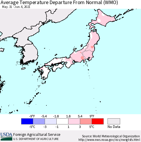 Japan Average Temperature Departure from Normal (WMO) Thematic Map For 5/31/2021 - 6/6/2021