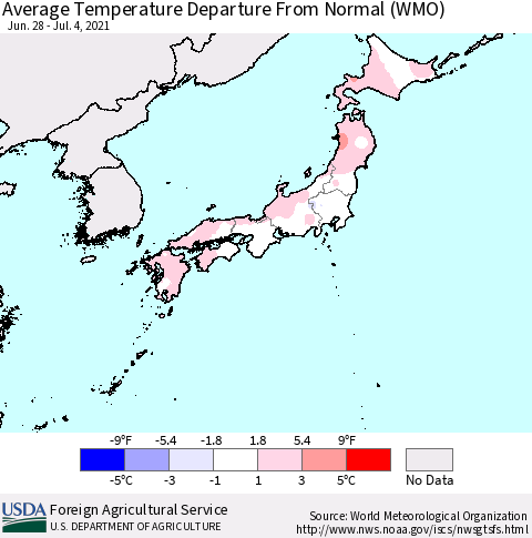 Japan Average Temperature Departure from Normal (WMO) Thematic Map For 6/28/2021 - 7/4/2021