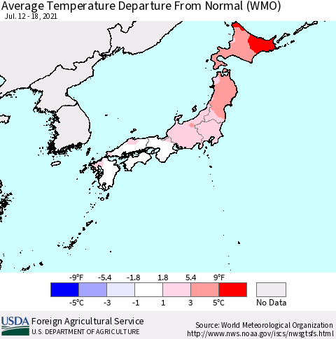 Japan Average Temperature Departure from Normal (WMO) Thematic Map For 7/12/2021 - 7/18/2021