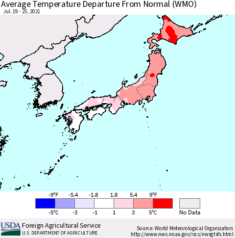 Japan Average Temperature Departure from Normal (WMO) Thematic Map For 7/19/2021 - 7/25/2021