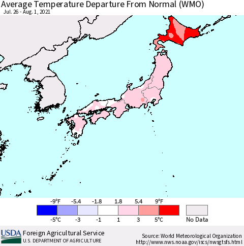Japan Average Temperature Departure from Normal (WMO) Thematic Map For 7/26/2021 - 8/1/2021