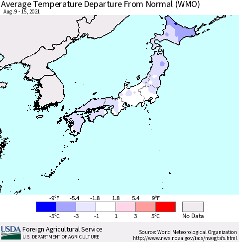 Japan Average Temperature Departure from Normal (WMO) Thematic Map For 8/9/2021 - 8/15/2021