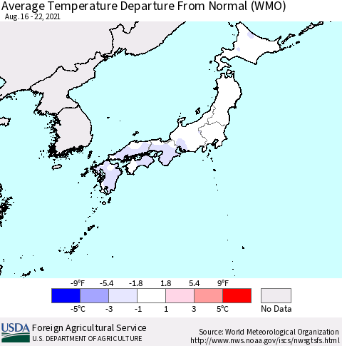 Japan Average Temperature Departure from Normal (WMO) Thematic Map For 8/16/2021 - 8/22/2021