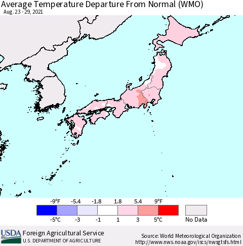 Japan Average Temperature Departure from Normal (WMO) Thematic Map For 8/23/2021 - 8/29/2021