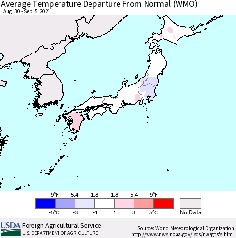 Japan Average Temperature Departure from Normal (WMO) Thematic Map For 8/30/2021 - 9/5/2021