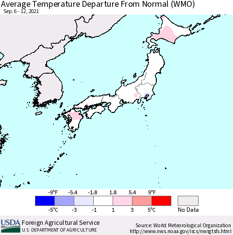 Japan Average Temperature Departure from Normal (WMO) Thematic Map For 9/6/2021 - 9/12/2021