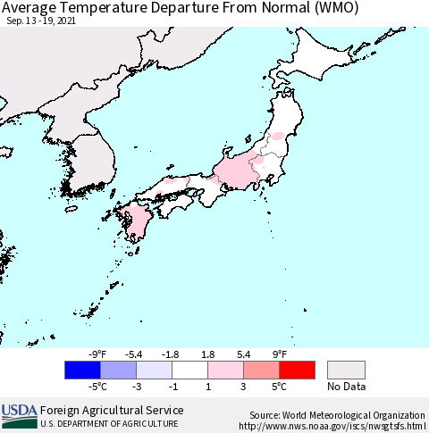 Japan Average Temperature Departure from Normal (WMO) Thematic Map For 9/13/2021 - 9/19/2021