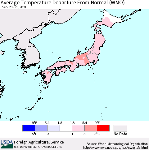 Japan Average Temperature Departure from Normal (WMO) Thematic Map For 9/20/2021 - 9/26/2021