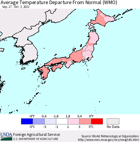 Japan Average Temperature Departure from Normal (WMO) Thematic Map For 9/27/2021 - 10/3/2021
