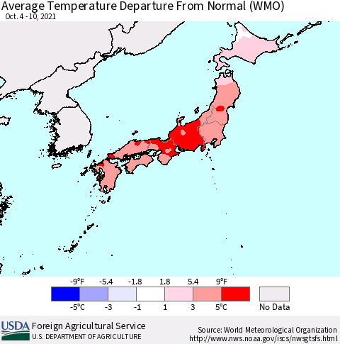 Japan Average Temperature Departure from Normal (WMO) Thematic Map For 10/4/2021 - 10/10/2021
