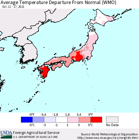 Japan Average Temperature Departure from Normal (WMO) Thematic Map For 10/11/2021 - 10/17/2021