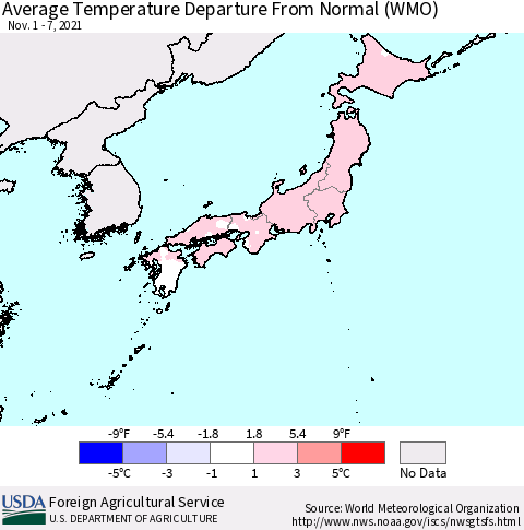 Japan Average Temperature Departure from Normal (WMO) Thematic Map For 11/1/2021 - 11/7/2021