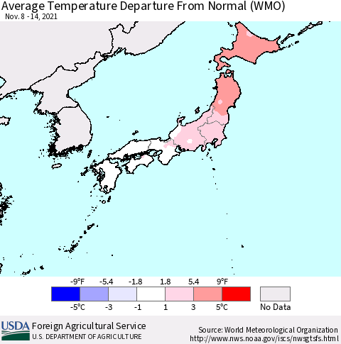 Japan Average Temperature Departure from Normal (WMO) Thematic Map For 11/8/2021 - 11/14/2021