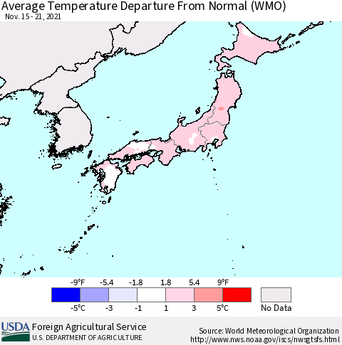 Japan Average Temperature Departure from Normal (WMO) Thematic Map For 11/15/2021 - 11/21/2021