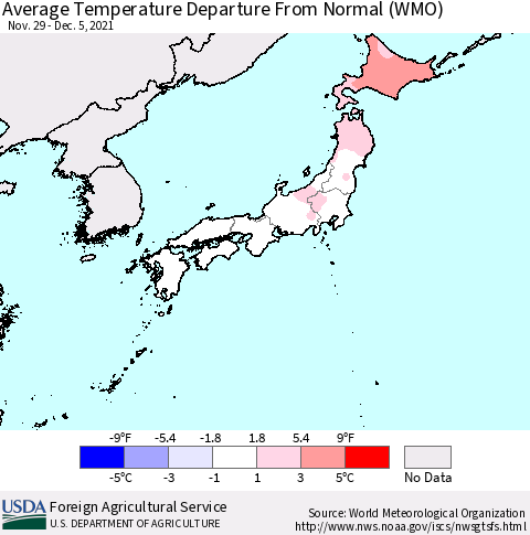 Japan Average Temperature Departure from Normal (WMO) Thematic Map For 11/29/2021 - 12/5/2021