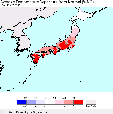 Japan Average Temperature Departure from Normal (WMO) Thematic Map For 12/11/2023 - 12/17/2023