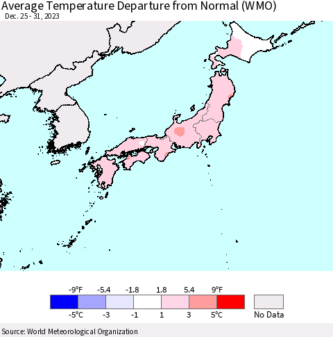Japan Average Temperature Departure from Normal (WMO) Thematic Map For 12/25/2023 - 12/31/2023