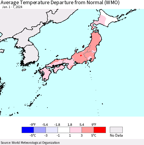 Japan Average Temperature Departure from Normal (WMO) Thematic Map For 1/1/2024 - 1/7/2024