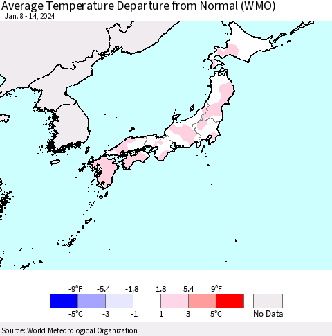 Japan Average Temperature Departure from Normal (WMO) Thematic Map For 1/8/2024 - 1/14/2024