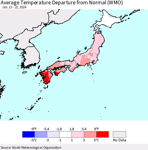 Japan Average Temperature Departure from Normal (WMO) Thematic Map For 1/15/2024 - 1/21/2024
