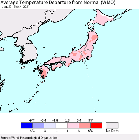 Japan Average Temperature Departure from Normal (WMO) Thematic Map For 1/29/2024 - 2/4/2024