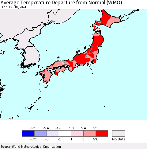 Japan Average Temperature Departure from Normal (WMO) Thematic Map For 2/12/2024 - 2/18/2024