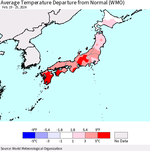 Japan Average Temperature Departure from Normal (WMO) Thematic Map For 2/19/2024 - 2/25/2024