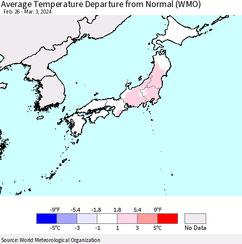 Japan Average Temperature Departure from Normal (WMO) Thematic Map For 2/26/2024 - 3/3/2024