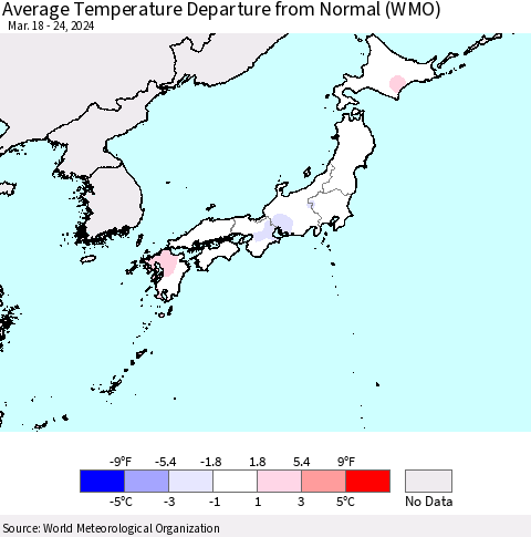 Japan Average Temperature Departure from Normal (WMO) Thematic Map For 3/18/2024 - 3/24/2024