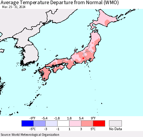 Japan Average Temperature Departure from Normal (WMO) Thematic Map For 3/25/2024 - 3/31/2024