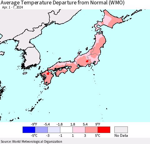 Japan Average Temperature Departure from Normal (WMO) Thematic Map For 4/1/2024 - 4/7/2024