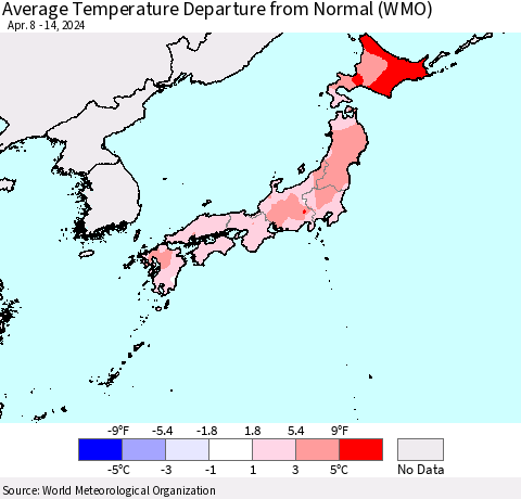 Japan Average Temperature Departure from Normal (WMO) Thematic Map For 4/8/2024 - 4/14/2024