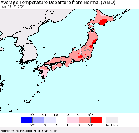 Japan Average Temperature Departure from Normal (WMO) Thematic Map For 4/15/2024 - 4/21/2024