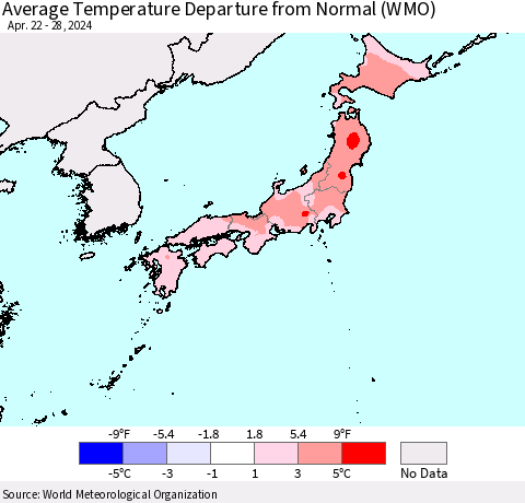 Japan Average Temperature Departure from Normal (WMO) Thematic Map For 4/22/2024 - 4/28/2024