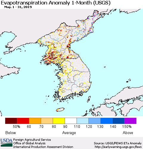 Korea Monthly Actual Evapotranspiration Anomaly (USGS) Thematic Map For 5/1/2019 - 5/31/2019