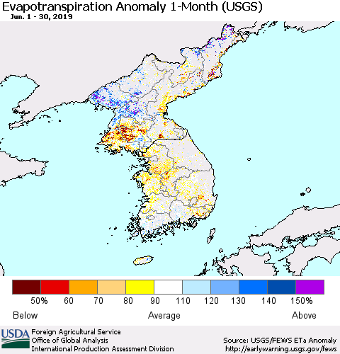 Korea Monthly Actual Evapotranspiration Anomaly (USGS) Thematic Map For 6/1/2019 - 6/30/2019