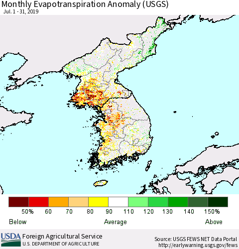Korea Monthly Actual Evapotranspiration Anomaly (USGS) Thematic Map For 7/1/2019 - 7/31/2019