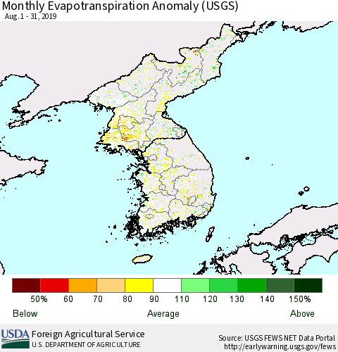 Korea Monthly Actual Evapotranspiration Anomaly (USGS) Thematic Map For 8/1/2019 - 8/31/2019
