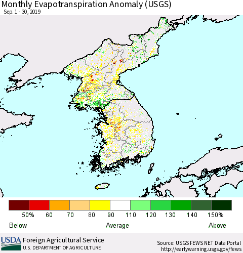 Korea Monthly Actual Evapotranspiration Anomaly (USGS) Thematic Map For 9/1/2019 - 9/30/2019