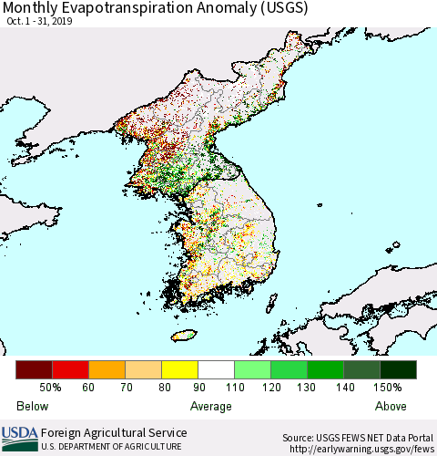 Korea Monthly Actual Evapotranspiration Anomaly (USGS) Thematic Map For 10/1/2019 - 10/31/2019