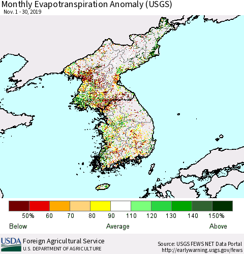 Korea Monthly Actual Evapotranspiration Anomaly (USGS) Thematic Map For 11/1/2019 - 11/30/2019