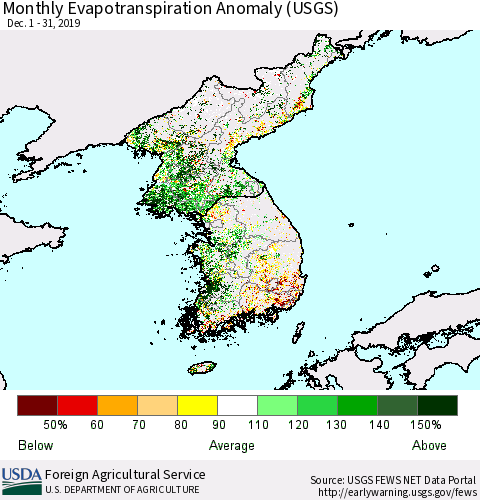 Korea Monthly Actual Evapotranspiration Anomaly (USGS) Thematic Map For 12/1/2019 - 12/31/2019