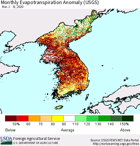 Korea Monthly Actual Evapotranspiration Anomaly (USGS) Thematic Map For 3/1/2020 - 3/31/2020