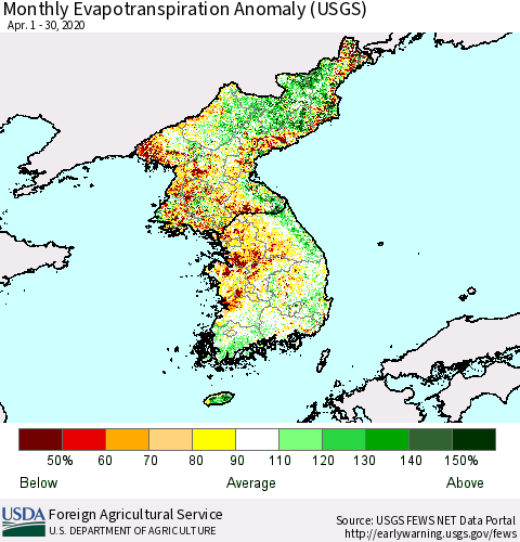 Korea Monthly Actual Evapotranspiration Anomaly (USGS) Thematic Map For 4/1/2020 - 4/30/2020