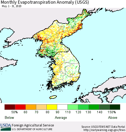 Korea Monthly Actual Evapotranspiration Anomaly (USGS) Thematic Map For 5/1/2020 - 5/31/2020