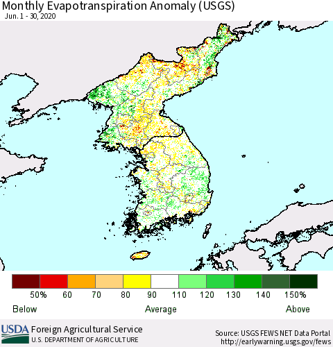 Korea Monthly Actual Evapotranspiration Anomaly (USGS) Thematic Map For 6/1/2020 - 6/30/2020