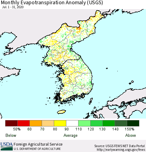 Korea Monthly Actual Evapotranspiration Anomaly (USGS) Thematic Map For 7/1/2020 - 7/31/2020